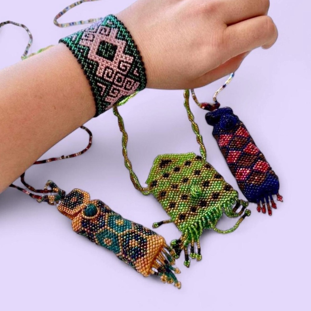Y2k beaded green pouch and multi-colored lipstick necklaces with tassel fringe.